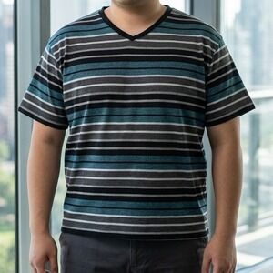 Hard Edge Mens Striped V-Neck T-Shirt Teal Grey Black RN 65933 Size 2X